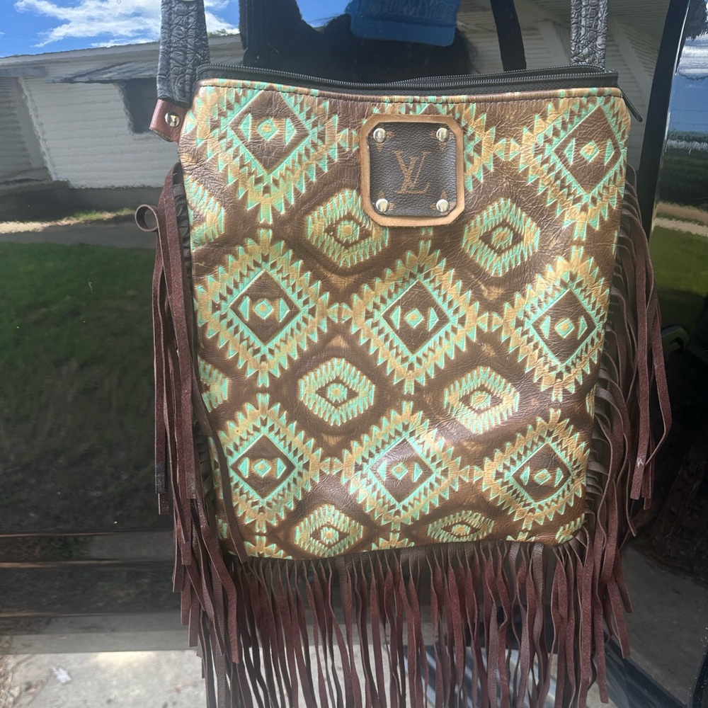 Brown and Green Patterned Fringe Bag